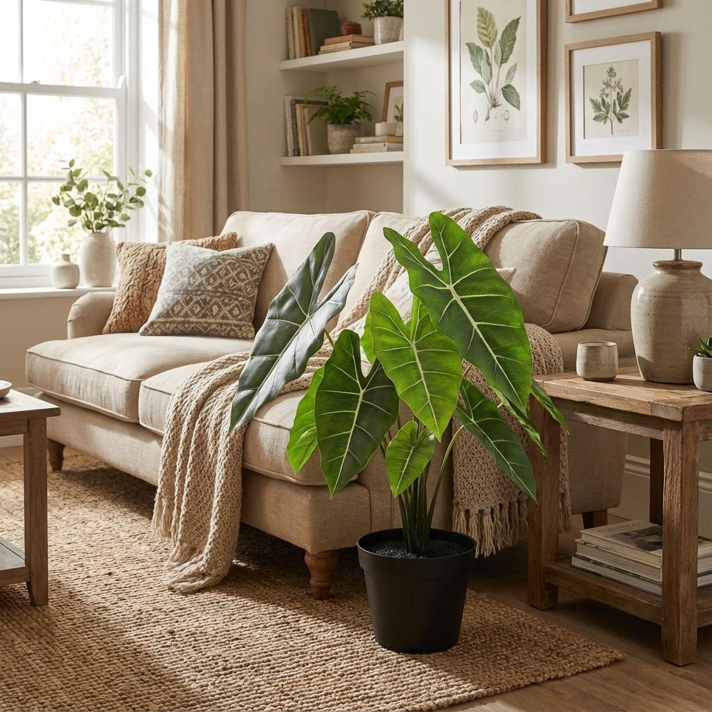 Alocasia Polly Kunstpflanze 40cm – Dekorative Elefantenohr Deko Pflanze – Pflegefreie Zimmerpflanze für Wohnzimmer Büro & Fensterbank