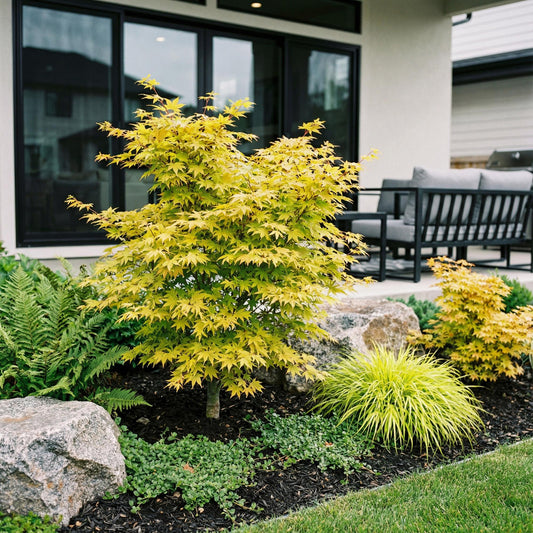 Green boutiQ - Gartenpflanze - Acer palmatum Jordan - Japanischer Ahorn - Laubabwerfend - Gelb - 1 - Topf 26cm - Höhe 90cm 