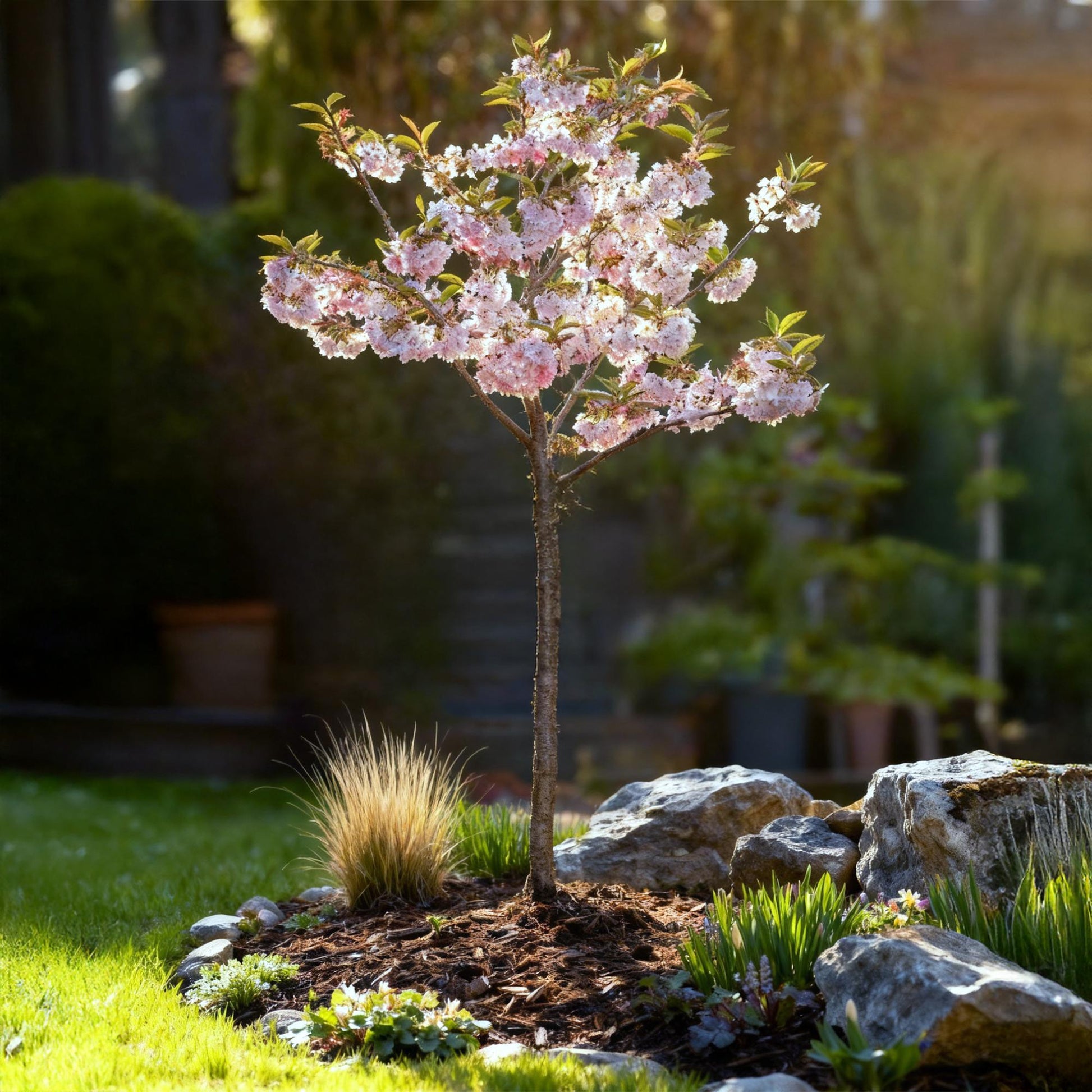 GreenboutiQ - Stamm Pflanze - Prunus incisa Koujou-no-mai - Terrassen Pflanze - Laubabwerfend - Winterhart - Weiße Blüte - Topf 19cm Höhe 90cm 