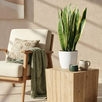 Green boutiQ - Zimmerpflanzen - Sansevieria Laurentii - Schwiegermutterzunge - Pflegeleicht - Grün - Gelb - 1 Pflanze - mit Potter Weiß - Topf 21cm - Höhe 70-80cm 