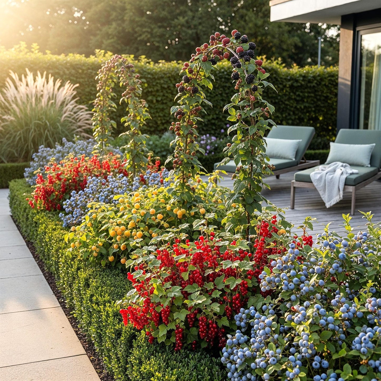 Obstpflanzen Set winterhart 4 Pflanzen Ø9cm Höhe30cm – Rote Johannisbeere Gelbe Himbeere Schwarze Brombeere Blaubeere – Für Garten Balkon & Terrasse 