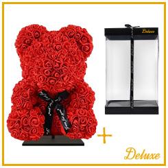Bär DELUXE auf Ständer – 40 cm – Roter Dekobär aus Schaumstoff – Geschenkidee in luxuriöser Verpackung – Elegantes Design für Regal, Sideboard & Wohnräume 