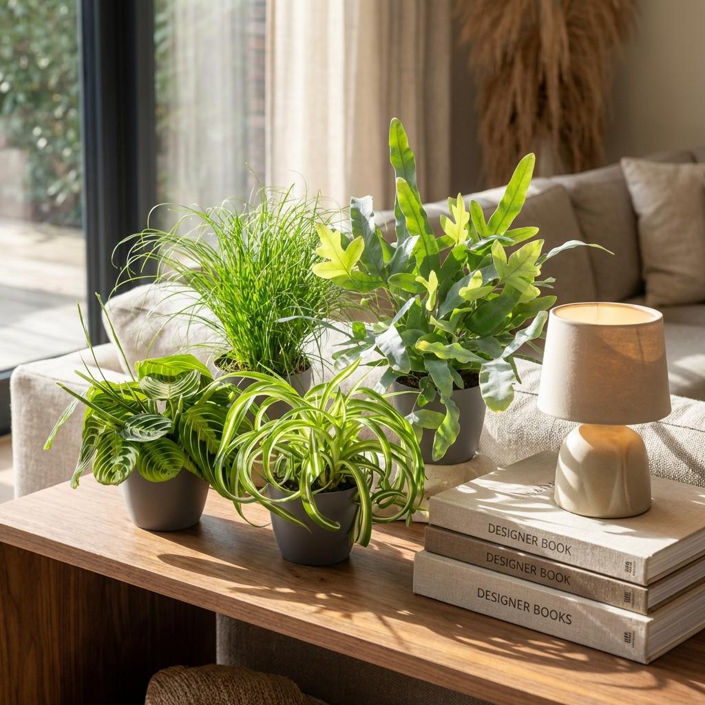 Green boutiQ - Zimmerpflanze - Chlorophytum - Cyperus - Phlebodium - Marantha - Mix aus 4 - Haustierfreundliche Pflanzen - Grün - 4 Pflanzen - mit Potter Grau - Topf 12cm - Höhe 25cm 