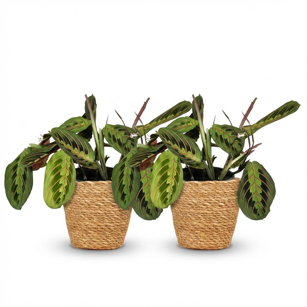 Green boutiQ - Zimmerpflanze - Maranta Fascinator Tricolour - Gebetsblatt - Haustierfreundliche Pflanze - Grün - 2 Pflanzen - mit Korb - Topf 12cm - Höhe 25cm 