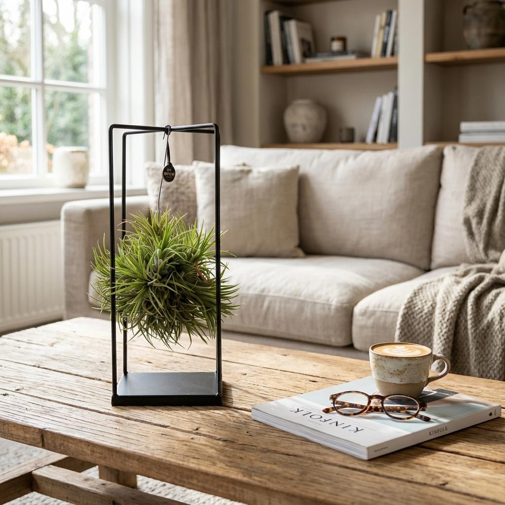Luftpflanze Tillandsia im Dekor Ø14cm Höhe37cm – Erdefreie Air Plant in dekorativer Schale – Modernes Pflanzen-Dekoobjekt für Wohnraum & Büro 