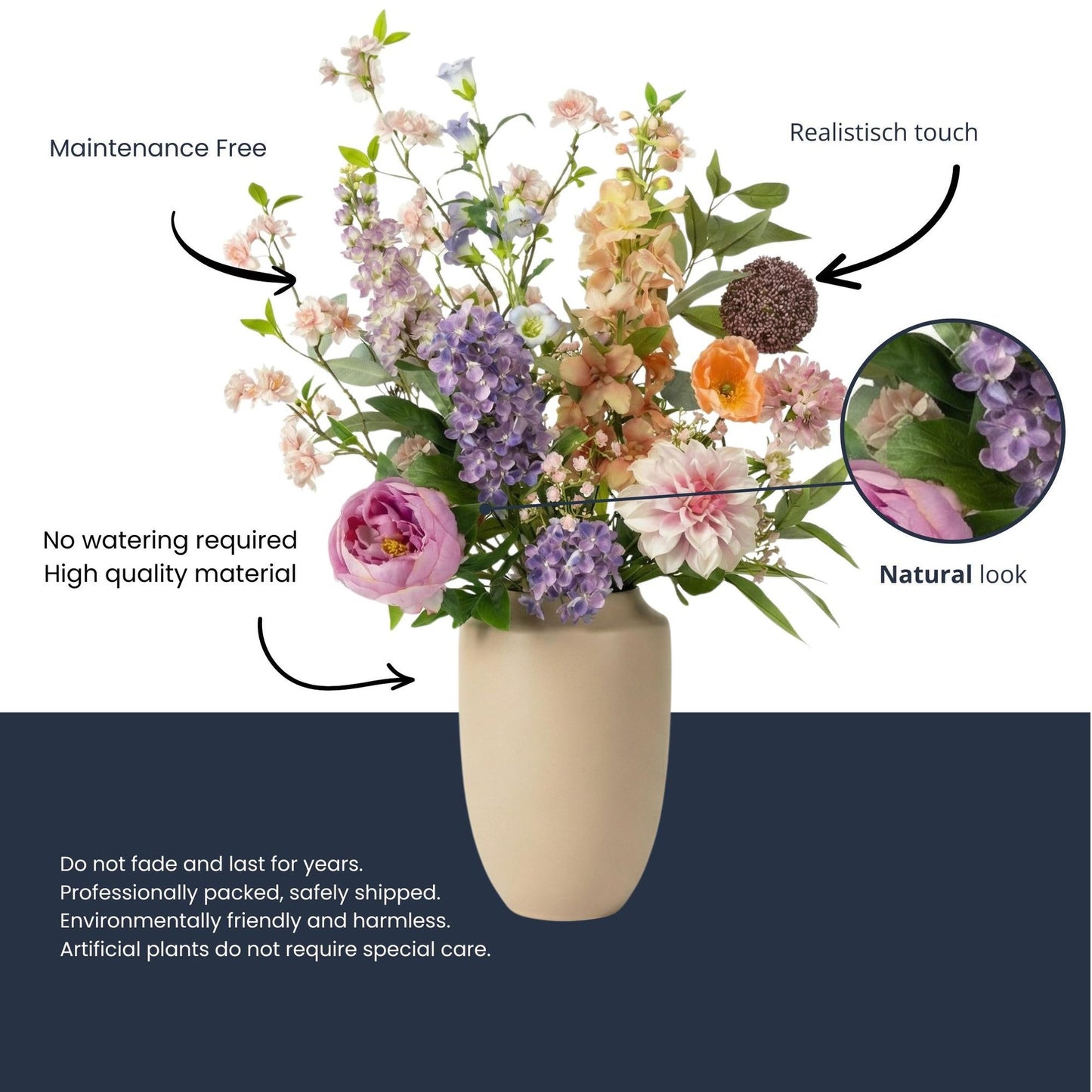 Kunstbloemen Boeket - Pastel Meadow Deluxe - Real Touch - 15 Stelen - ↑ 100 cm 