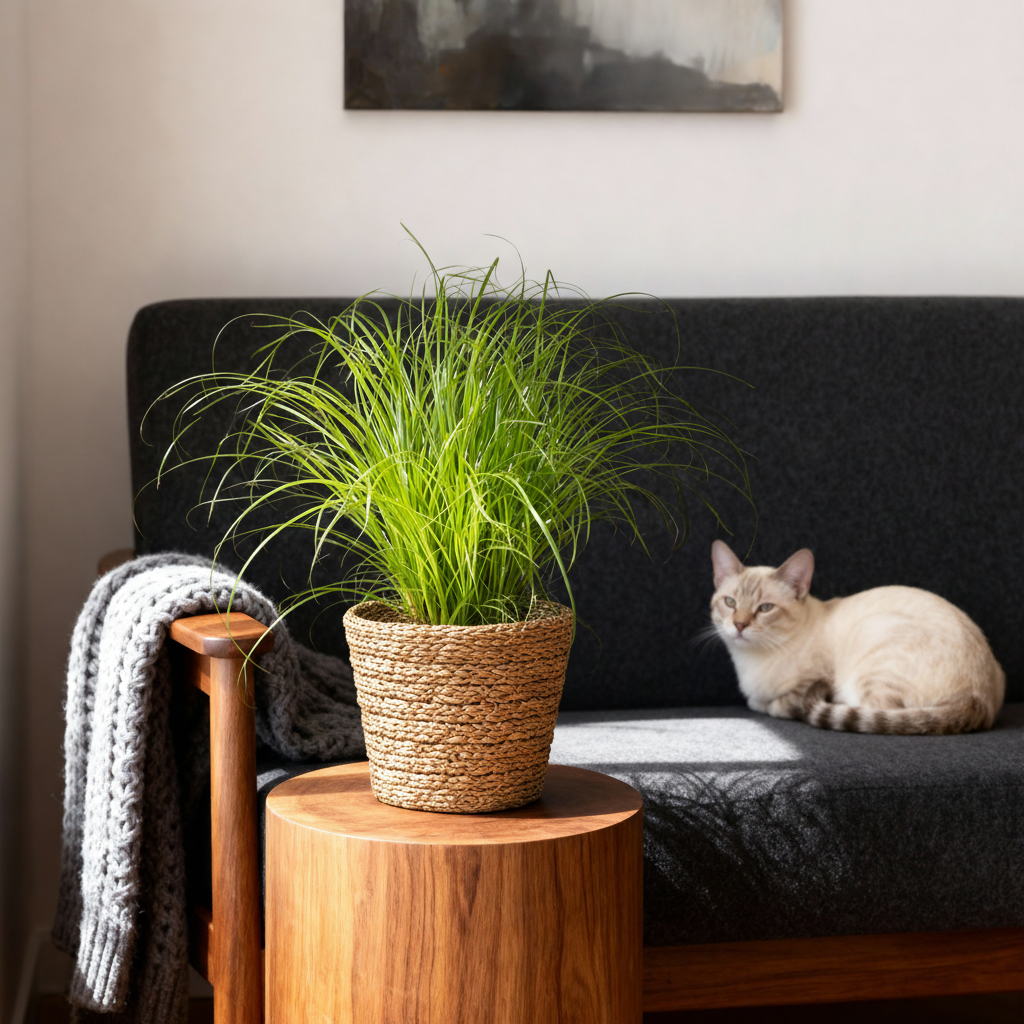 Green boutiQ - Zimmerpflanze - Cyperus alternifolius Zumula - Katzenpflanze - Haustierfreundliche Pflanze - Grün - 2 Pflanzen - mit Korb - Topf 12cm - Höhe 20cm 