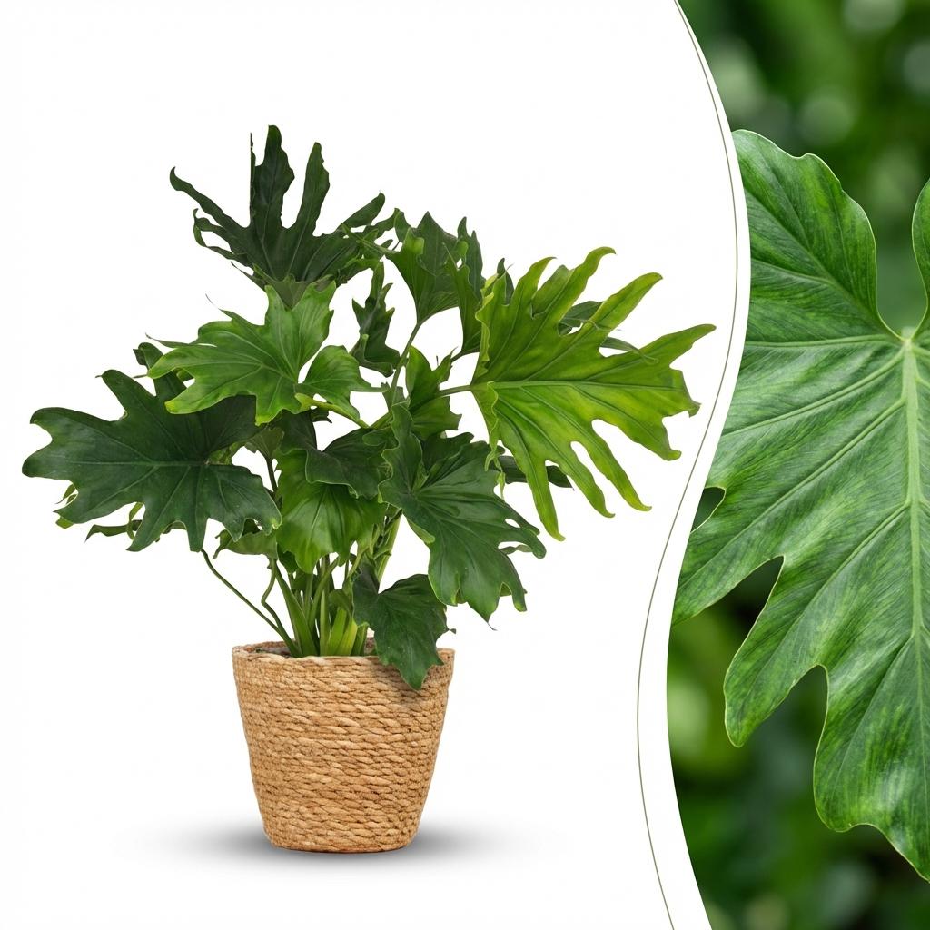 Green boutiQ - Zimmerpflanze - Philodendron - Philodendron Lickety split - Grün - Pflegeleicht - 1 Pflanze - mit Korb - Topf 19cm - Höhe 70cm 