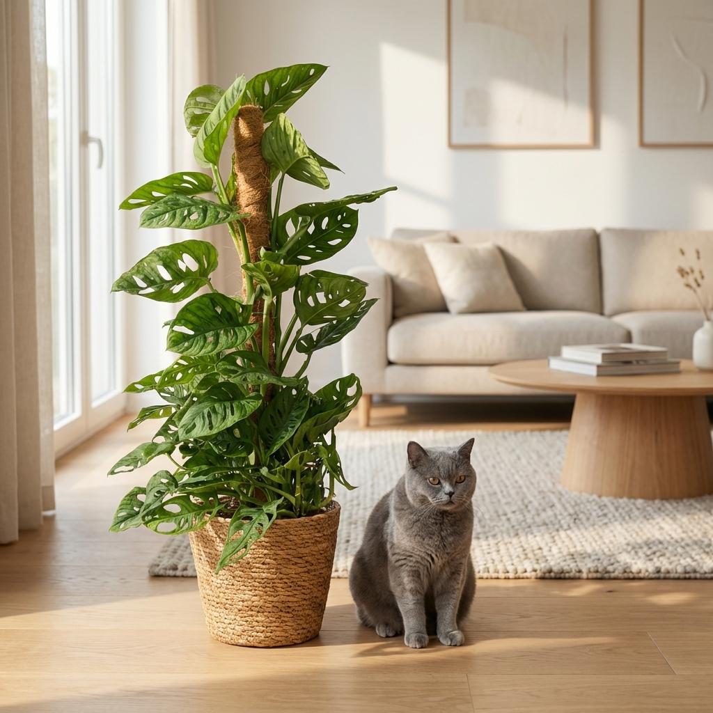 Monstera Adansonii Monkey Mask am Moosstab Fensterblatt 90cm – Zimmerpflanze mit Lochblättern im Korb Ø19cm – Kletterpflanze pflegeleicht, tropischer Look für Wohnung & Büro, ideal bei Halbschatten 