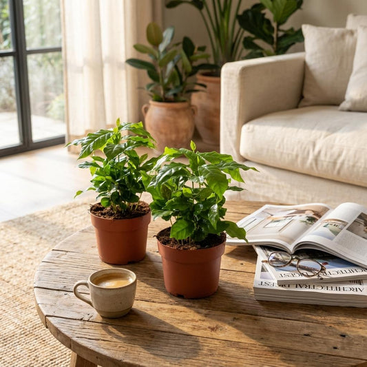 Kaffeepflanze Coffea Arabica – 2 Pflanzen – Ø12cm – Höhe ca.25cm – Tropische Zimmerpflanze mit glänzenden Blättern – Kaffeebaum für Wohnraum & Büro 