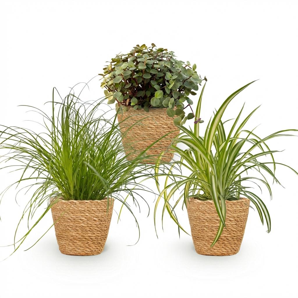 Green boutiQ - Zimmerpflanze - Cyperus - Calissia - Chlorophytum - Mix aus 3 - Haustierfreundliche Pflanzen - Grün - 3 Pflanzen - mit Korb - Topf 12cm - Höhe 20cm 