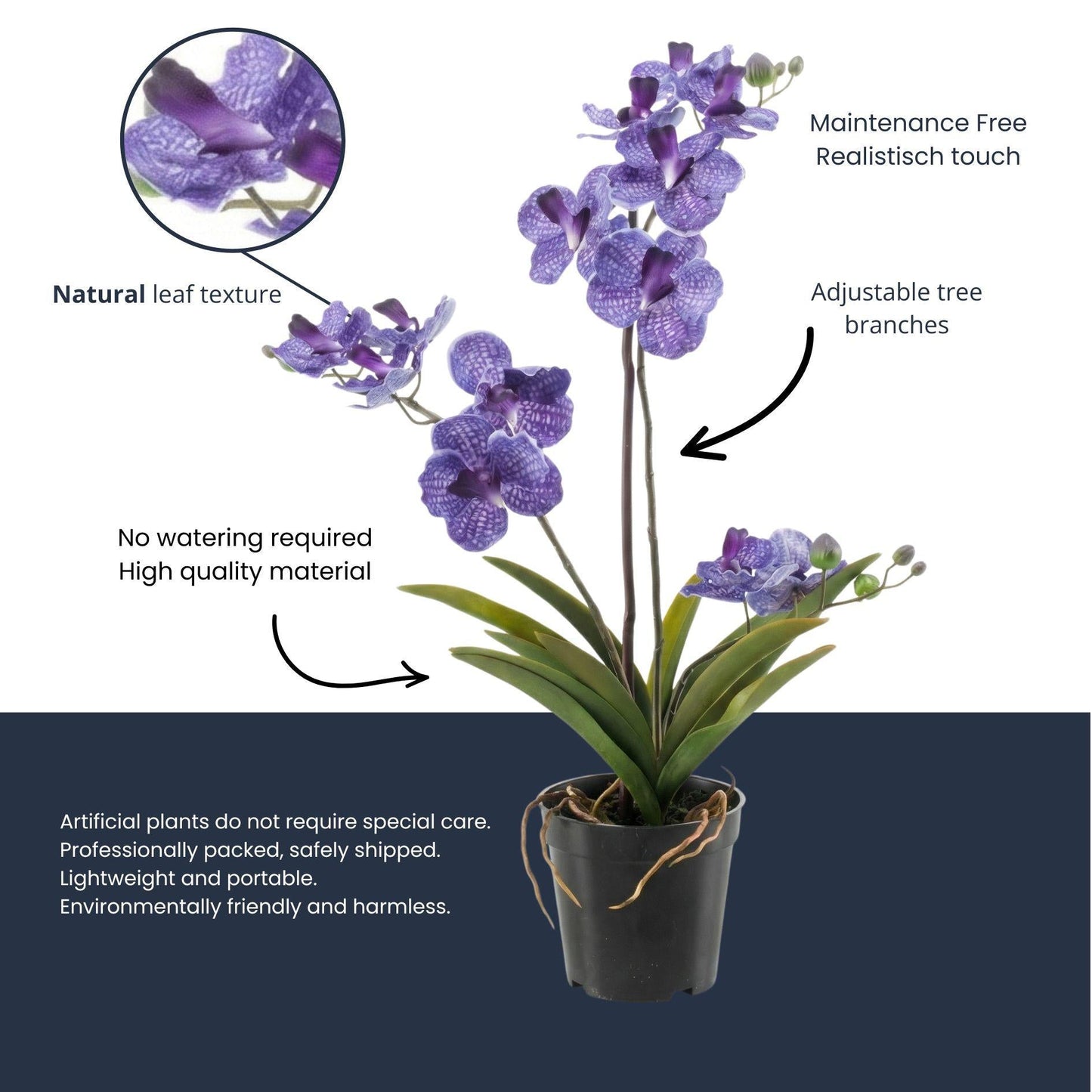 Orchidee Vanda Kunstpflanze – ca.60cm – Violett – Künstliche Orchidee im Topf – Pflegefreie Dekopflanze für Wohnzimmer Büro & Empfang