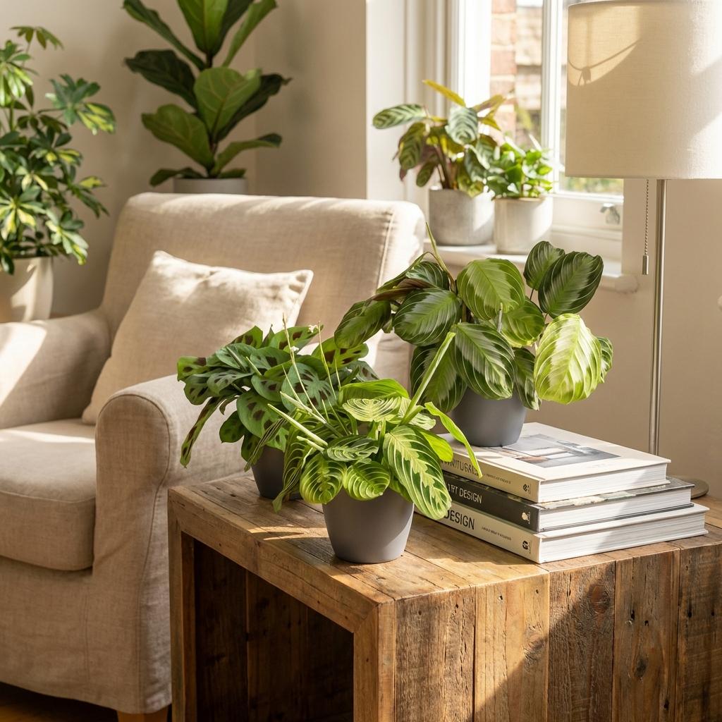 Green boutiQ - Zimmerpflanze - Marantha Silverband, Marantha Lemon Lime Marantha Kerchoveana - Gebetspflanze - Haustierfreundliche Pflanze - Grün - 3 Pflanzen - mit Potter Grau - Topf 12cm - Höhe 25cm 