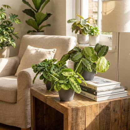 Green boutiQ - Zimmerpflanze - Marantha Silverband, Marantha Lemon Lime Marantha Kerchoveana - Gebetspflanze - Haustierfreundliche Pflanze - Grün - 3 Pflanzen - mit Potter Grau - Topf 12cm - Höhe 25cm 