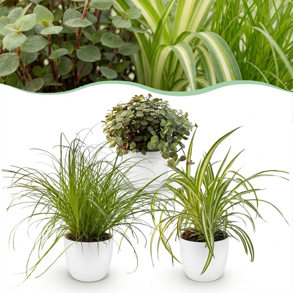 Green boutiQ - Zimmerpflanze - Cyperus - Calissia - Chlorophytum - Mix aus 3 - Haustierfreundliche Pflanzen - Grün - 3 Pflanzen - mit Potter Weiß - Topf 12cm - Höhe 20cm 