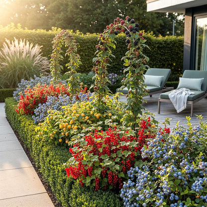 Obstpflanzen Set 8 Pflanzen Höhe 30cm  Ø9cm – Rote Johannisbeere Gelbe Himbeere Schwarze Brombeere Blaubeere – winterhart 