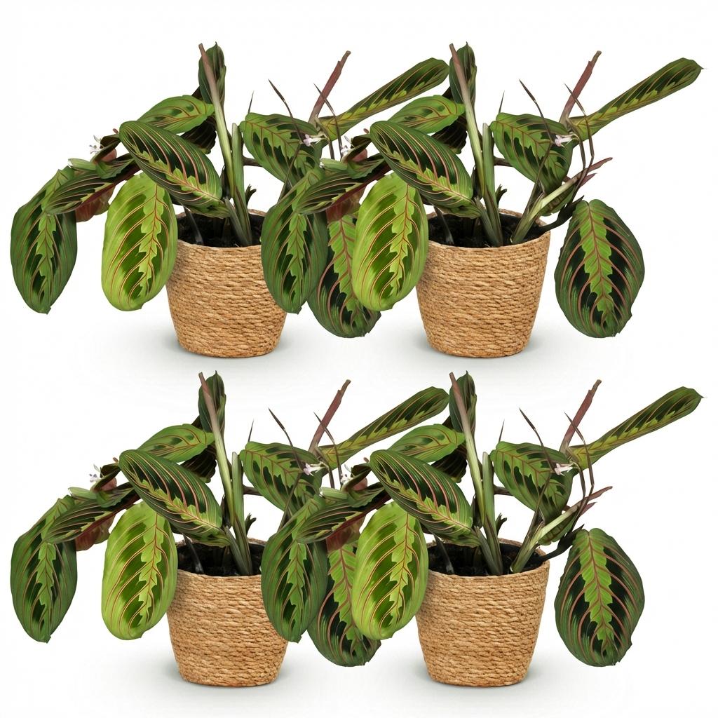 Green boutiQ - Zimmerpflanze - Maranta Fascinator Tricolour - Gebetsblatt - Haustierfreundliche Pflanze - Grün - 4 Pflanzen - mit Korb - Topf 12cm - Höhe 25cm 