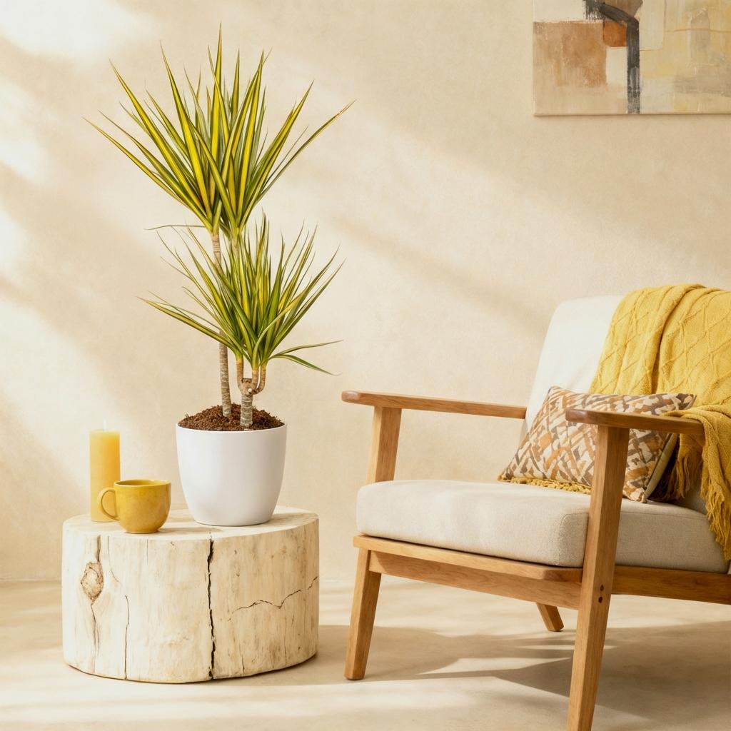 Green boutiQ - Zimmerpflanzen - Dracaena Sunray - Drachenbaum - Wenig Pflege - Grün - Gelb - 1 Pflanze - mit Potter Weiß - Topf 21cm - Höhe 90-100cm 