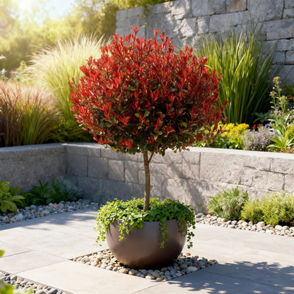 GreenboutiQ - Stamm Pflanze - Photinia fraseri Little Red Robin - Terrassenpflanze - Immergrün - Winterhart - Grün-Rotes Blatt - Topf 19cm Höhe 90cm 