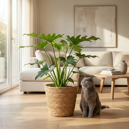 Green boutiQ - Zimmerpflanze - Philodendron - Philodendron Lacerum - Grün - Pflegeleicht - 1 Pflanze - mit Korb - Topf 19cm - Höhe 65cm 