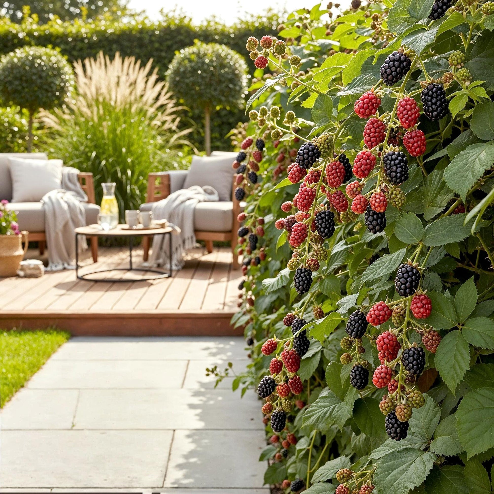 Dornenlose Brombeerpflanzen Rubus fruticosus Thornfree winterhart 3 Pflanzen Höhe 30cm Ø9cm – Schwarze Brombeere für Garten Beet Balkon & Topf 