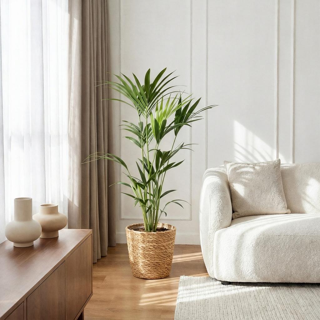 Green boutiQ - Zimmerpflanze - Howea Forsteriana - Kentia-Palme - Wenig Pflege - Grün - 1 Pflanze - mit Korb - Topf 21cm - Höhe 120-130cm 