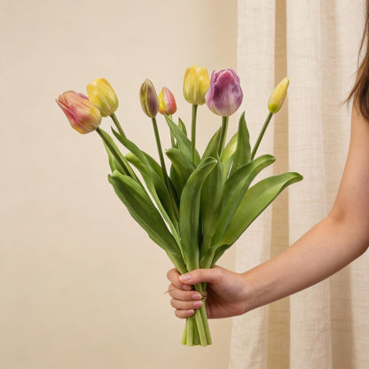 Tulpenstrauß Sanfter Frühling Real Touch Kunsttulpen – 7 Stiele – 42cm – Pastell Kunstblumenstrauß in Gelb Rosa Flieder – Pflegefreie Frühlingsdeko für Zuhause