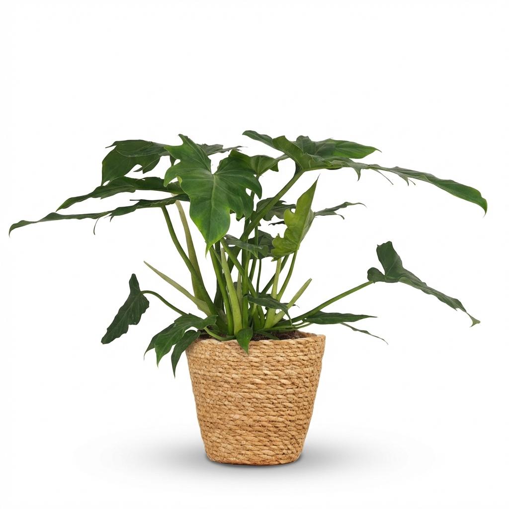 Green boutiQ - Zimmerpflanze - Philodendron - Philodendron Lacerum - Grün - Pflegeleicht - 1 Pflanze - mit Korb - Topf 19cm - Höhe 65cm 