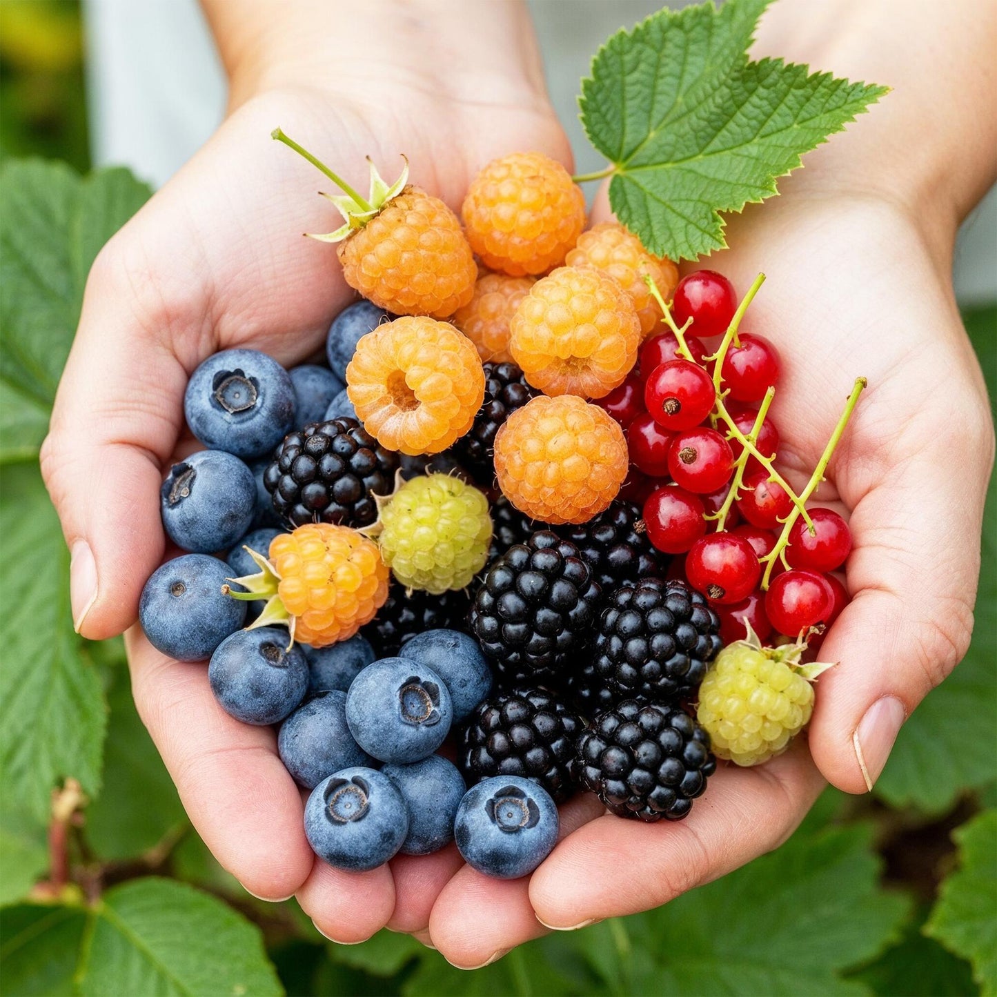 Obstpflanzen Set 8 Pflanzen Höhe 30cm  Ø9cm – Rote Johannisbeere Gelbe Himbeere Schwarze Brombeere Blaubeere – winterhart 