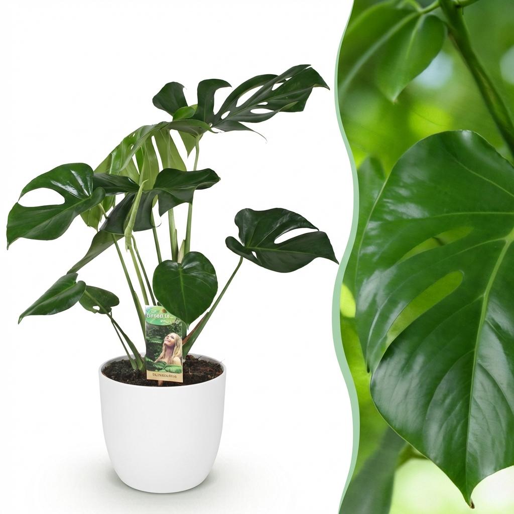 Green boutiQ - Zimmerpflanzen - Monstera Deliciosa - Fensterblatt - Pflegeleicht - Grün - 1 Pflanze - mit Potter Weiß - Topf 21cm - Höhe 70-80cm 