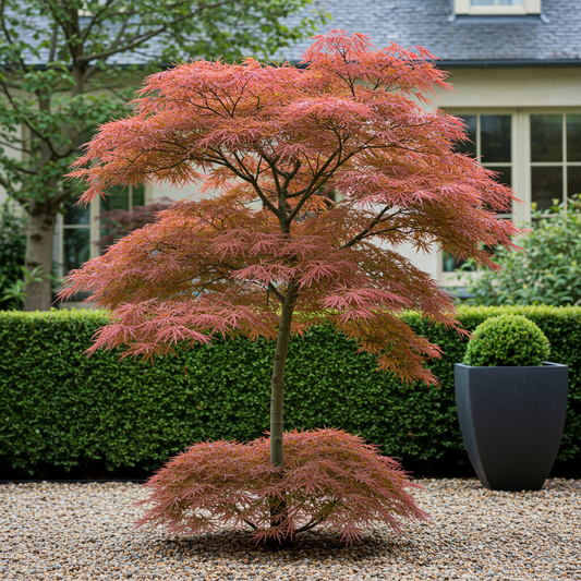 Japanischer Ahorn Acer palmatum 'Jerre Schwartz' – Dunkelrot – Balkon- & Gartenpflanze – Ø19 cm Topf – Ca. 70 cm hoch – Kompakter Zierahorn mit elegantem Farbspiel 