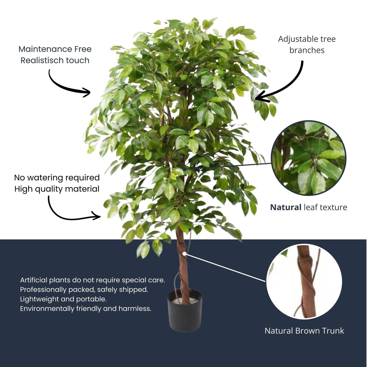 Ficus Deluxe Vine Kunstbaum – 140cm – Realistische Kunstpflanze für Innenräume – Pflegefreier künstlicher Baum mit dichtem Blattwerk – Ideal für Wohnzimmer & Büro