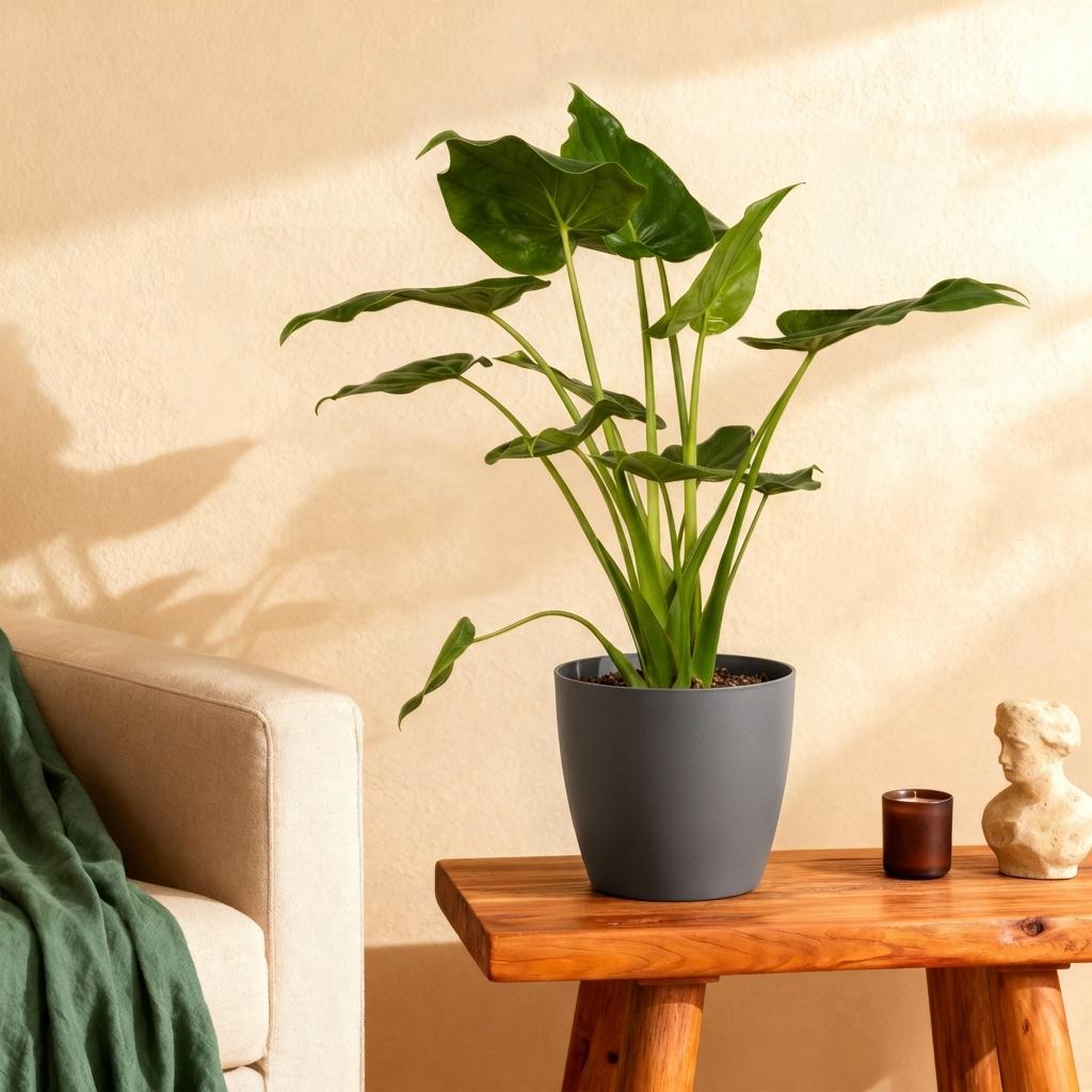 Green boutiQ - Zimmerpflanzen - Alocasia Cucullata - Buddha-Hand - Wenig Pflege - Grün - 1 Pflanze - mit Potter Grau - Topf 21cm - Höhe 65-70cm 