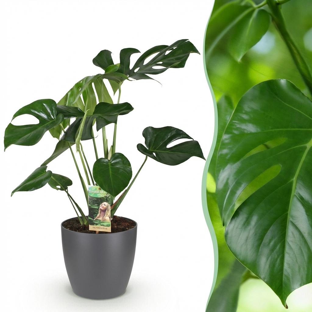 Green boutiQ - Zimmerpflanzen - Monstera Deliciosa - Fensterblatt - Pflegeleicht - Grün - 1 Pflanze - mit Potter Grau - Topf 21cm - Höhe 70-80cm 