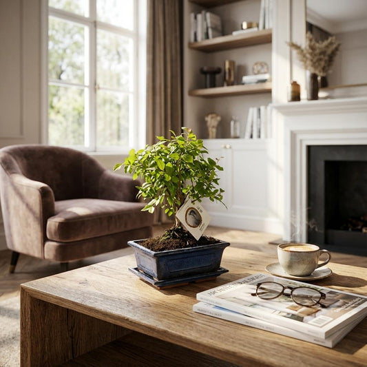 Bonsai Baum mit kugelförmiger Krone Höhe 25–30cm – Klassischer Miniaturbaum in dekorativer Keramikschale – Elegante Zimmerpflanze für Wohnraum & Büro 