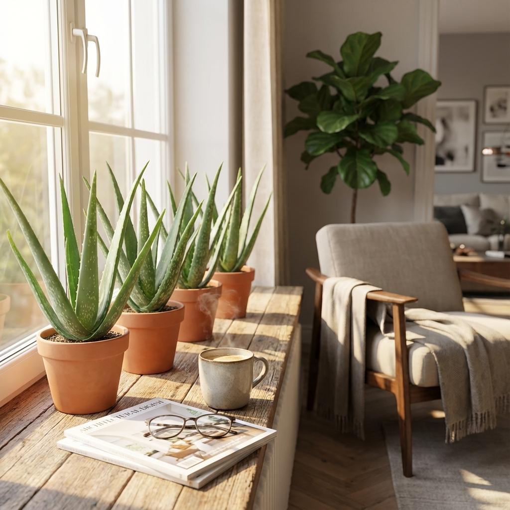 Aloë Vera Pflanzen Set – 4 Pflanzen – Ø10,5cm – Höhe 35–40cm – Pflegeleichte Heilpflanze – Sukkulente Zimmerpflanze für Fensterbank Büro & Wohnraum 