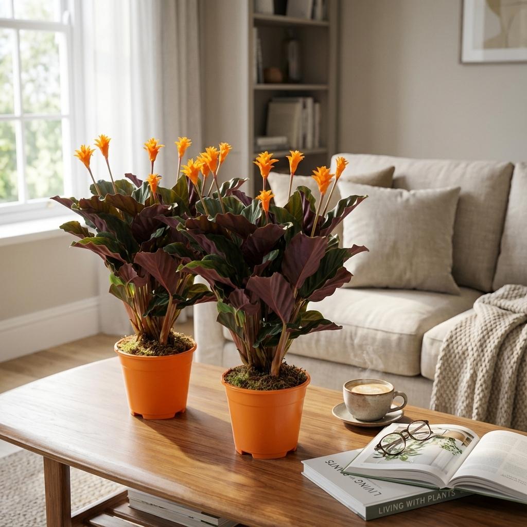 Korbmarante Calathea Crocata – 2 Pflanzen – Ø14cm – Höhe 40–45cm – Orange blühende Zimmerpflanze – Exotische Blüten – Luftfeuchteliebend 