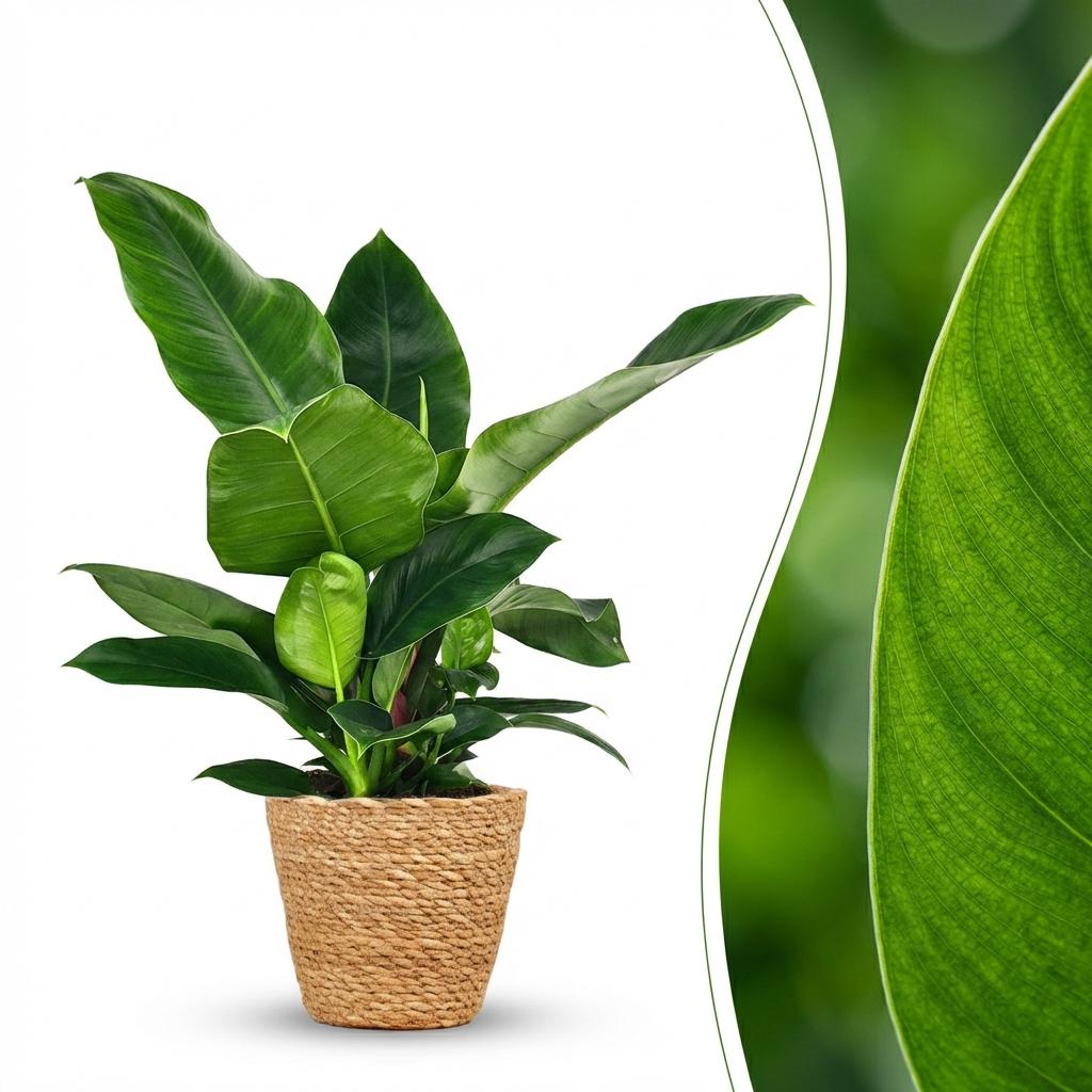 Green boutiQ - Zimmerpflanze - Philodendron - Philodendron Imperial Green - Grün - Pflegeleicht - 1 Pflanze - mit Korb - Topf 19cm - Höhe 65cm 