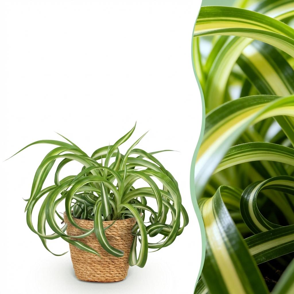 Green boutiQ - Zimmerpflanze - Chlorophytum comosum Bonnie - Lockige Graslilie - Haustierfreundliche Pflanze - Grün - 1 Pflanze - mit Korb - Topf 12cm - Höhe 20cm 