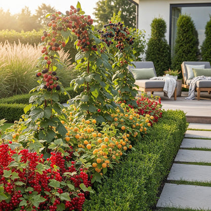 Obstpflanzen Set winterhart 3 Pflanzen Ø9cm Höhe30cm – Rote Johannisbeere Gelbe Himbeere Schwarze Brombeere – Ideal für Garten Beet Balkon & Terrasse 