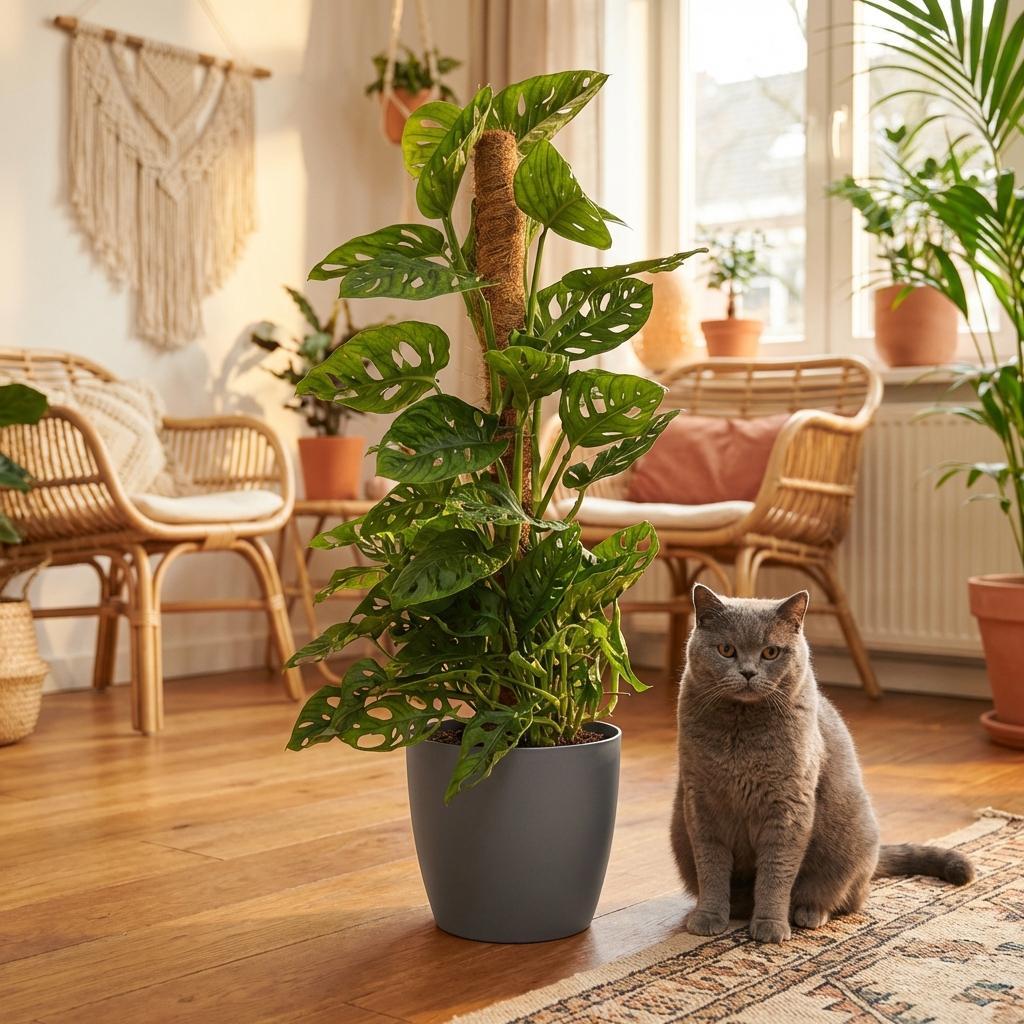 Monstera Adansonii Monkey Mask am Moosstab 90cm – Zimmerpflanze mit Lochblättern im Potter Grau Übertopf Ø19cm – Kletterpflanze pflegeleicht, tropischer Look für Wohnung & Büro 