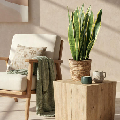 Green boutiQ - Zimmerpflanzen - Sansevieria Laurentii- Schwiegermutterzunge - Pflegeleicht - mit Korb - Grün - Gelb - 1 Pflanze - Topf 21cm - Höhe 70-80cm 