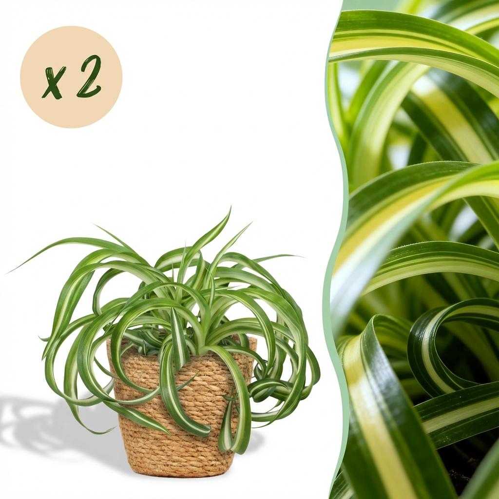 Green boutiQ - Zimmerpflanze - Chlorophytum comosum Bonnie - Lockige Graslilie - Haustierfreundliche Pflanze - Grün - 2 Pflanzen - mit Korb - Topf 12cm - Höhe 20cm 