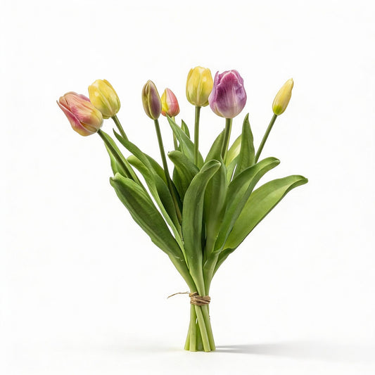 Tulpenstrauß Sanfter Frühling Real Touch Kunsttulpen – 7 Stiele – 42cm – Pastell Kunstblumenstrauß in Gelb Rosa Flieder – Pflegefreie Frühlingsdeko für Zuhause