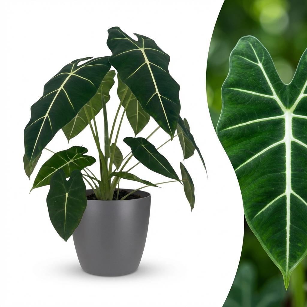 Green boutiQ - Zimmerpflanze - Elefantenohr - Alocasia Frydek - Grün - Pflegeleicht - 1 Pflanze - mit Potter Grau - Topf 19cm - Höhe 60cm 