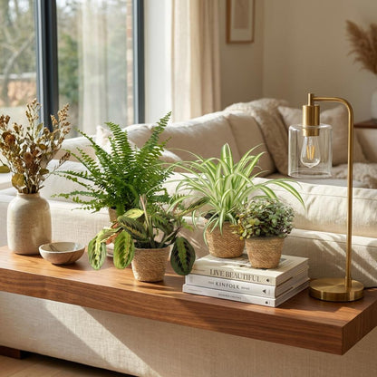 Green boutiQ - Zimmerpflanze - Chlorophytum - Maranta - Calissia - Nephrolepsis - Mix aus 4 - Haustierfreundliche Pflanzen - Grün - 4 Pflanzen - mit Korb - Topf 12cm - Höhe 25cm 