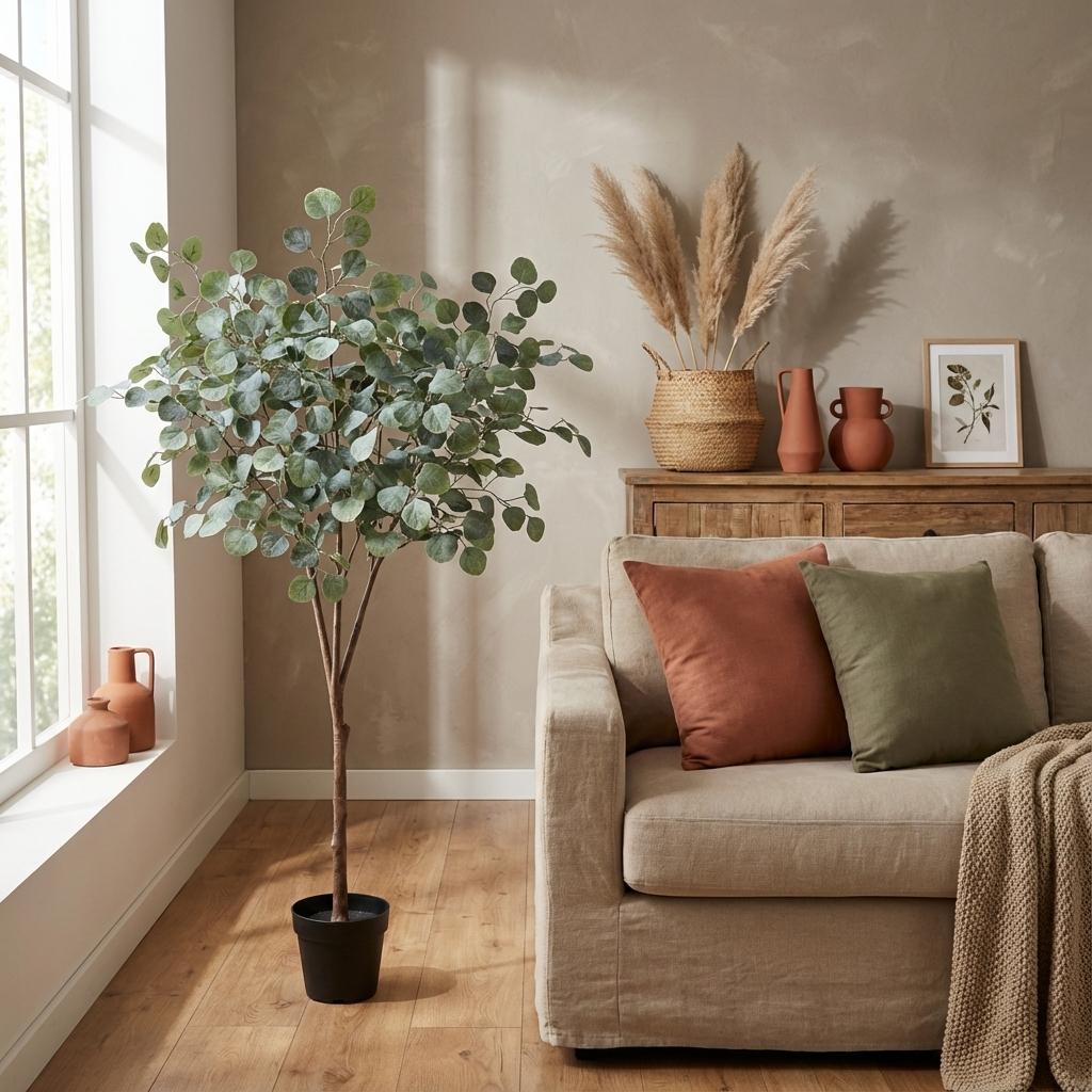 Eukalyptus Baum Kunstpflanze 150cm – Realistische Eucalyptus Deko Pflanze – Pflegefreie Zimmerpflanze für Wohnzimmer Büro & Empfangsbereich