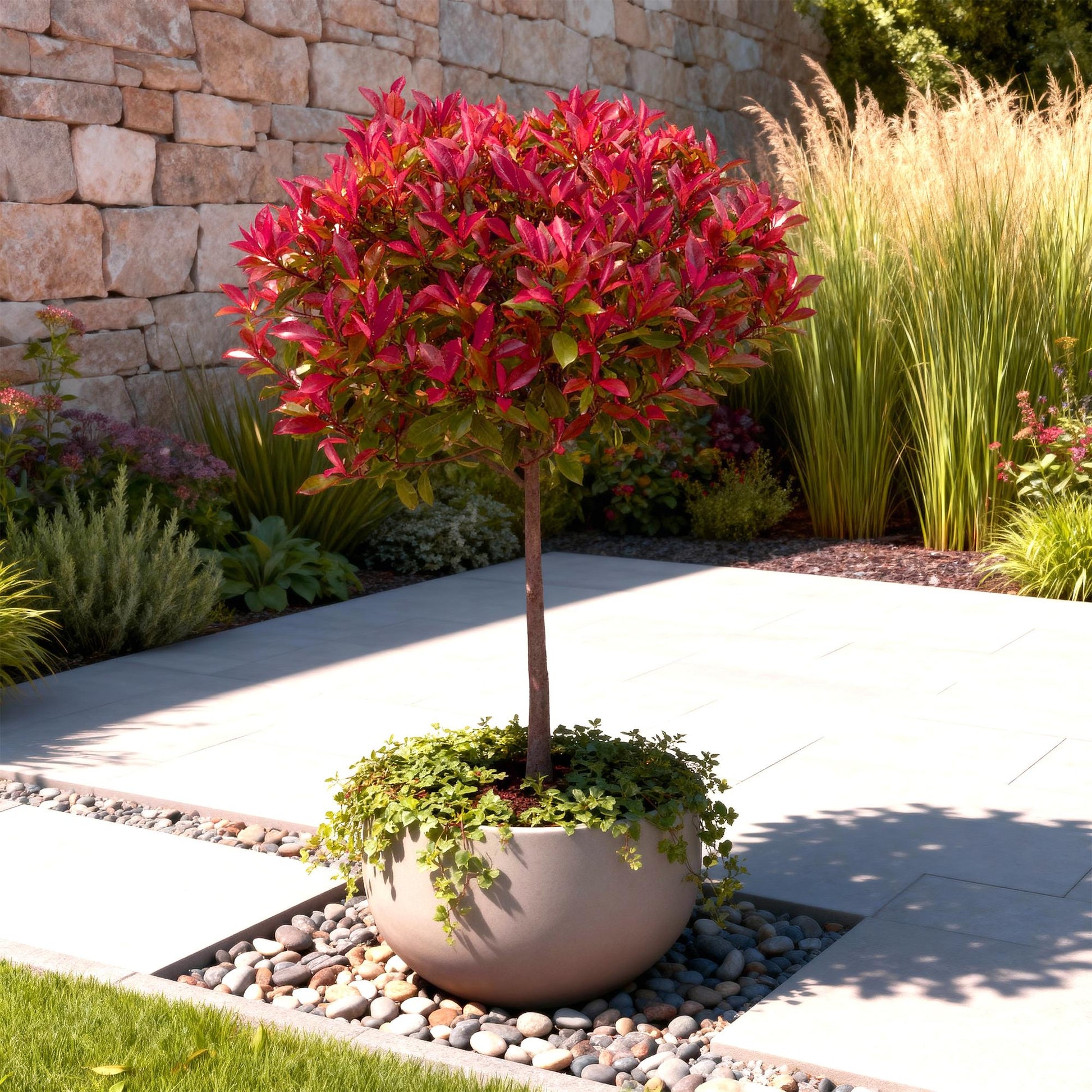 GreenboutiQ - Pflanze auf Stamm - Photinia fraseri Carre Rouge - Terrassenpflanze - Immergrün - Winterhart - Grün-Rotes Blatt - Topf 19cm Höhe 90cm 