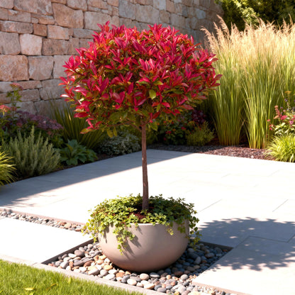 GreenboutiQ - Pflanze auf Stamm - Photinia fraseri Carre Rouge - Terrassenpflanze - Immergrün - Winterhart - Grün-Rotes Blatt - Topf 19cm Höhe 90cm 