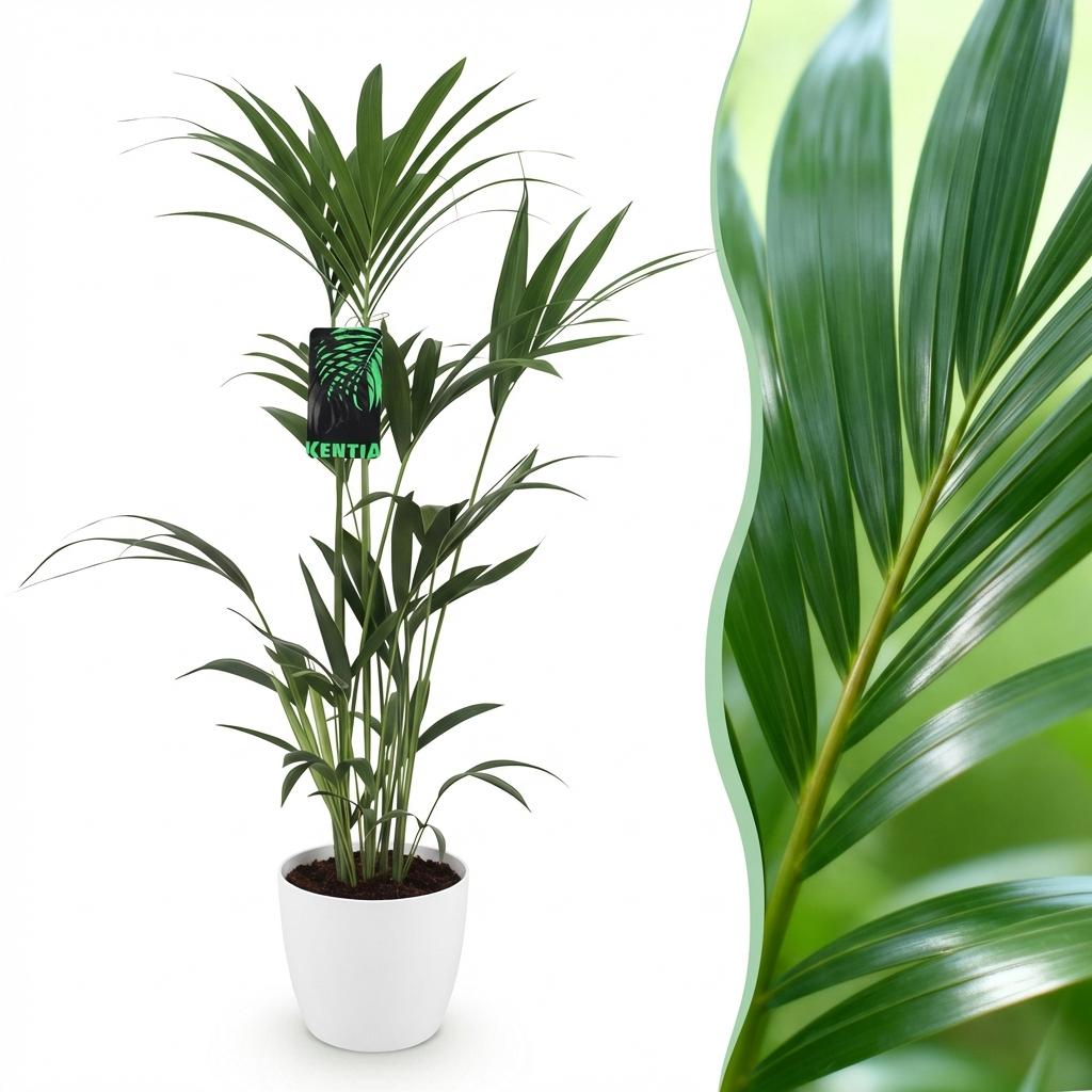 Green boutiQ - Zimmerpflanze - Howea Forsteriana - Kentia-Palme - Wenig Pflege - Grün - 1 Pflanze - mit Potter Weiß - Topf 21cm - Höhe 120-130cm 